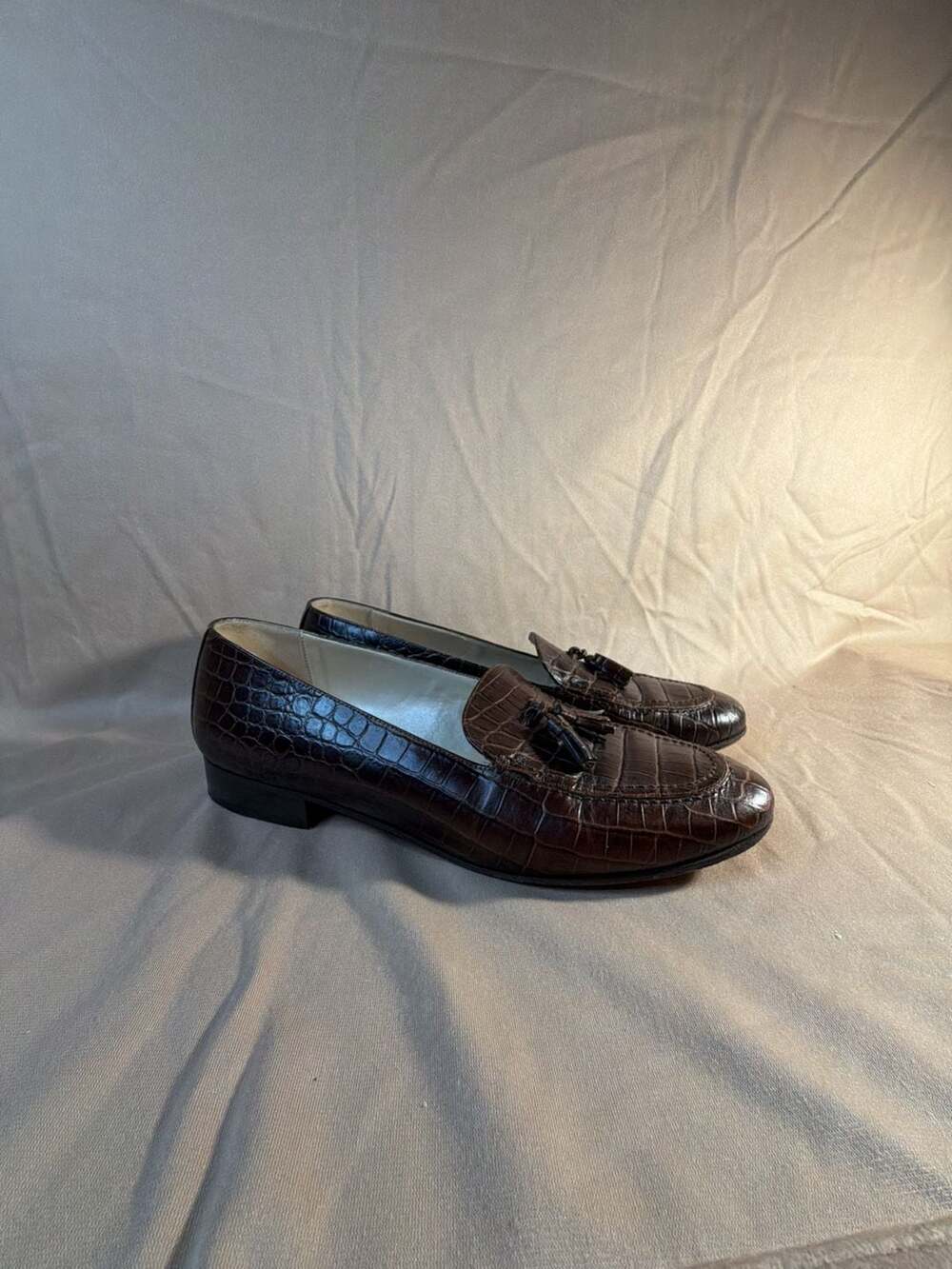 Talbots Brown Crocodile Embossed Leather Tassel Loafers Made In Italy